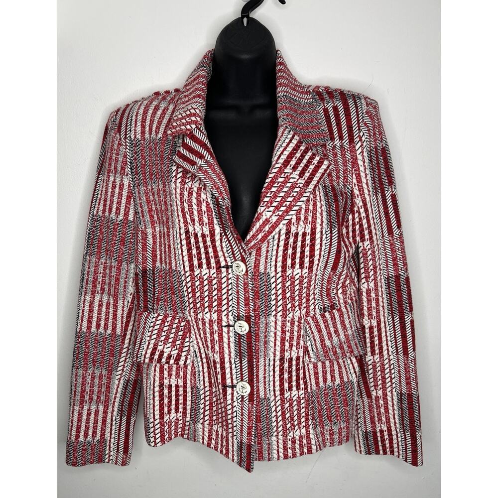 Cabi Patchwork Button-Up Blazer Jacket Red White … - image 1